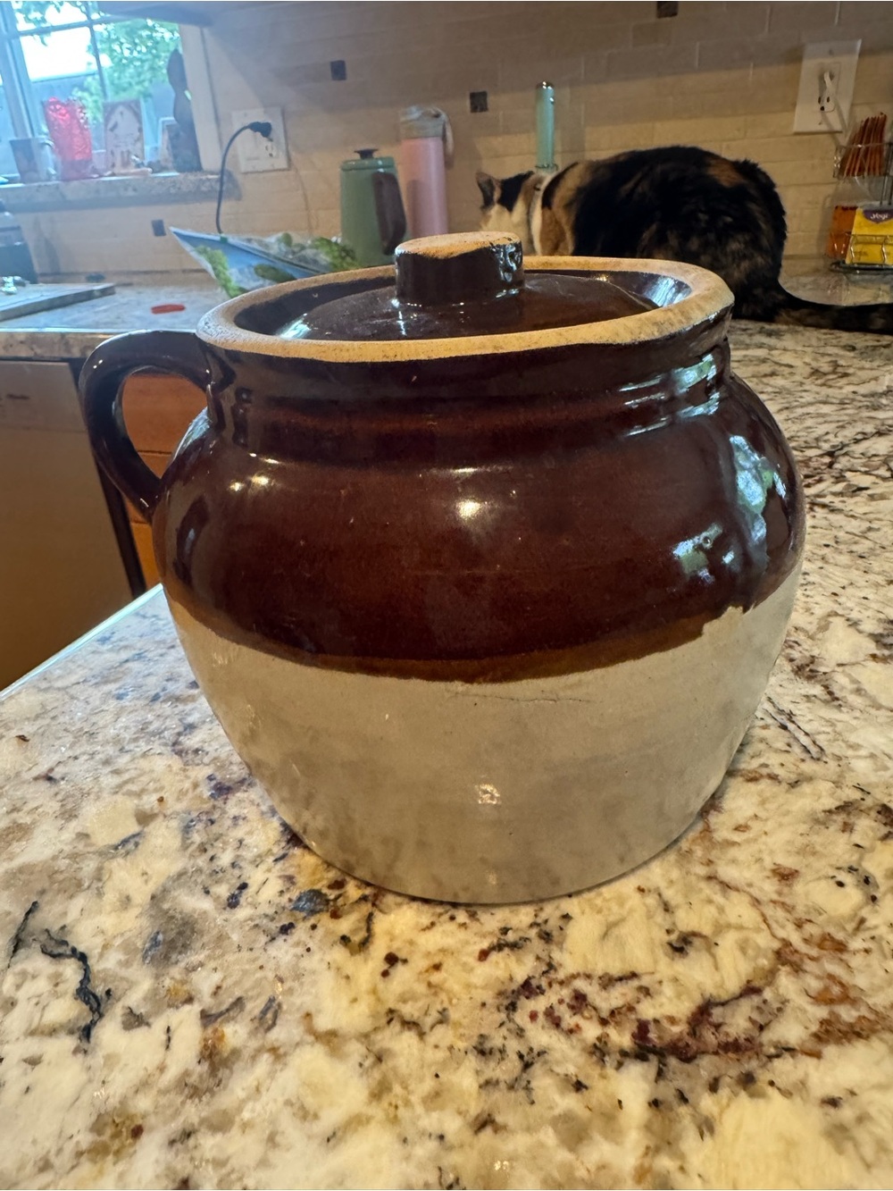 Robinson-Ransbottom Two-Tone Brown and Cream Stoneware Bean Pot with Lid